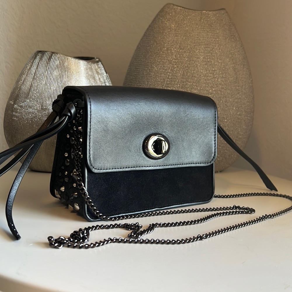 Coach black leather & suede cross body clutch with side studded embellishments
